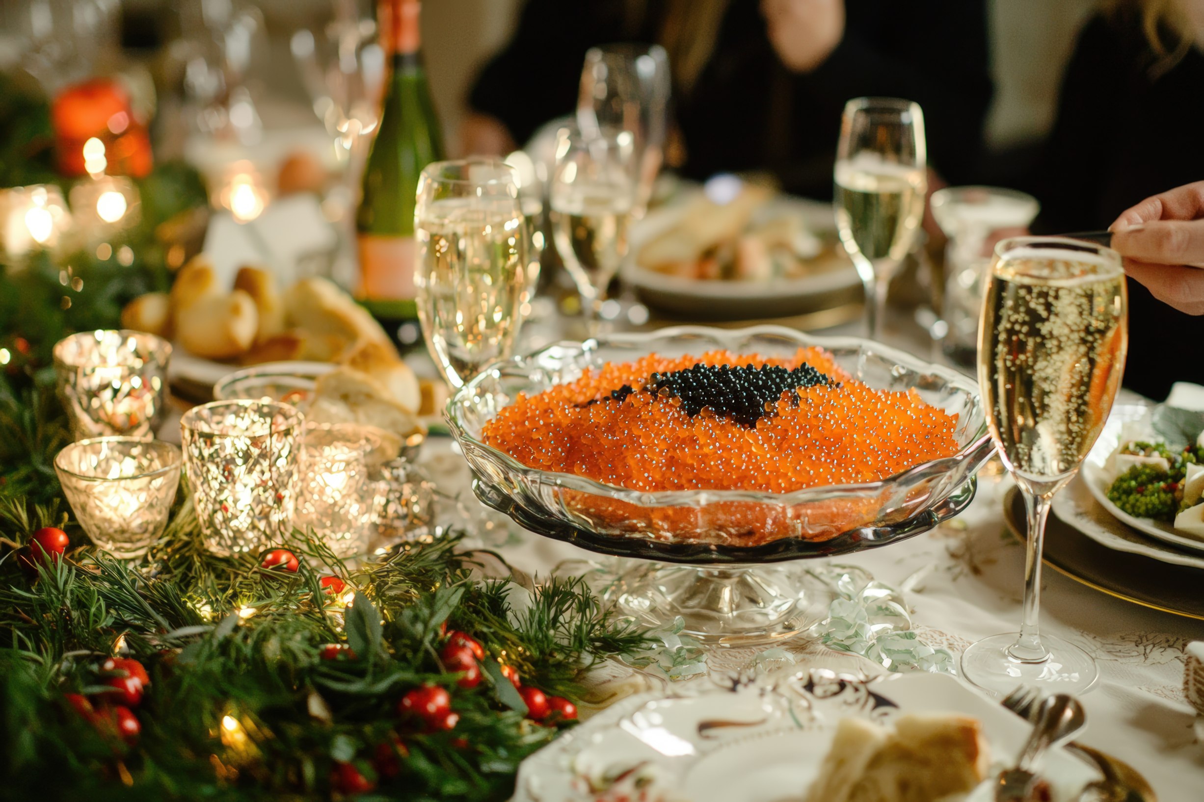 New Year’s Eve dinner party with caviar, roe, and champagne