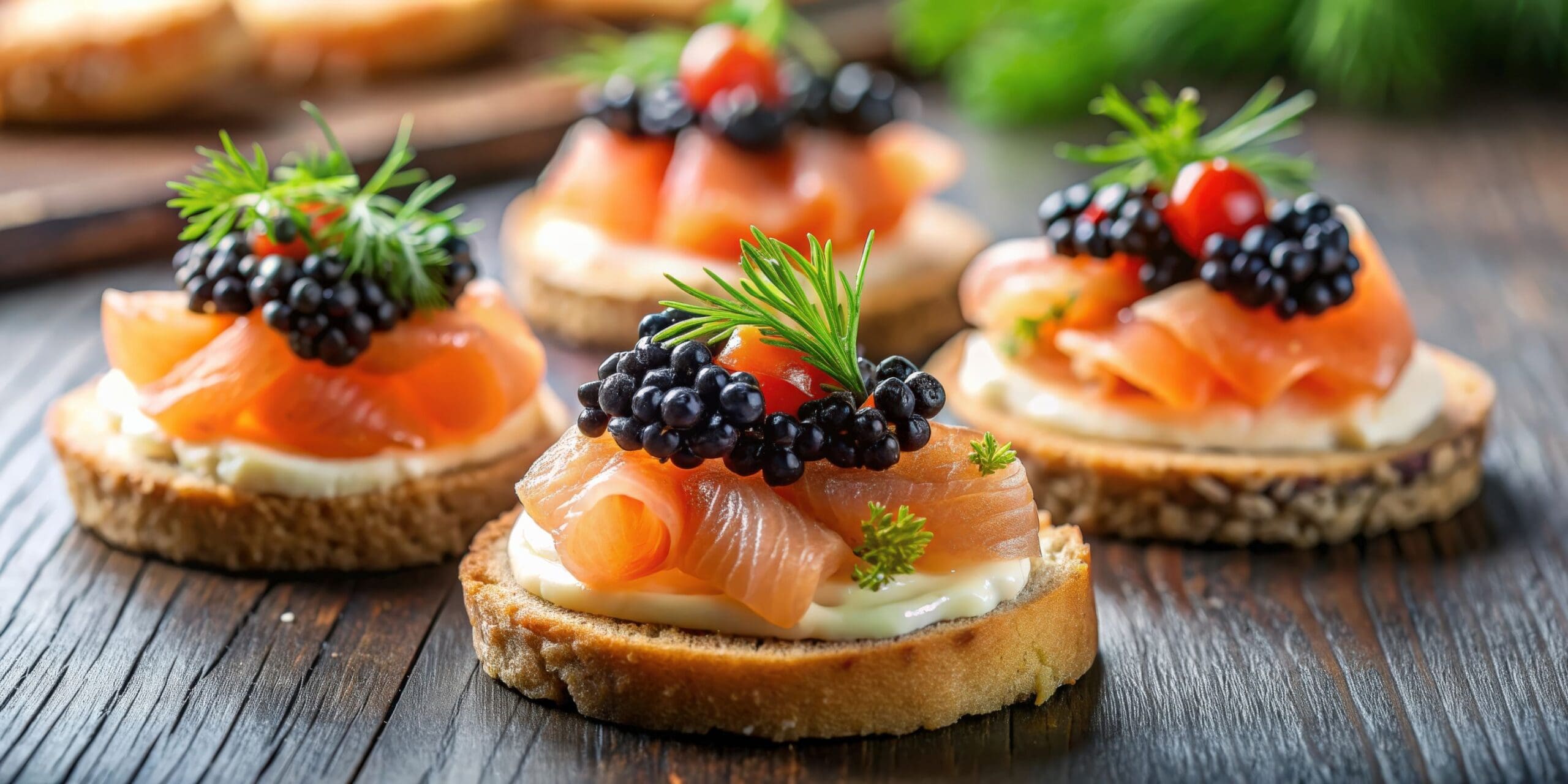 Canapes topped with salmon and caviar