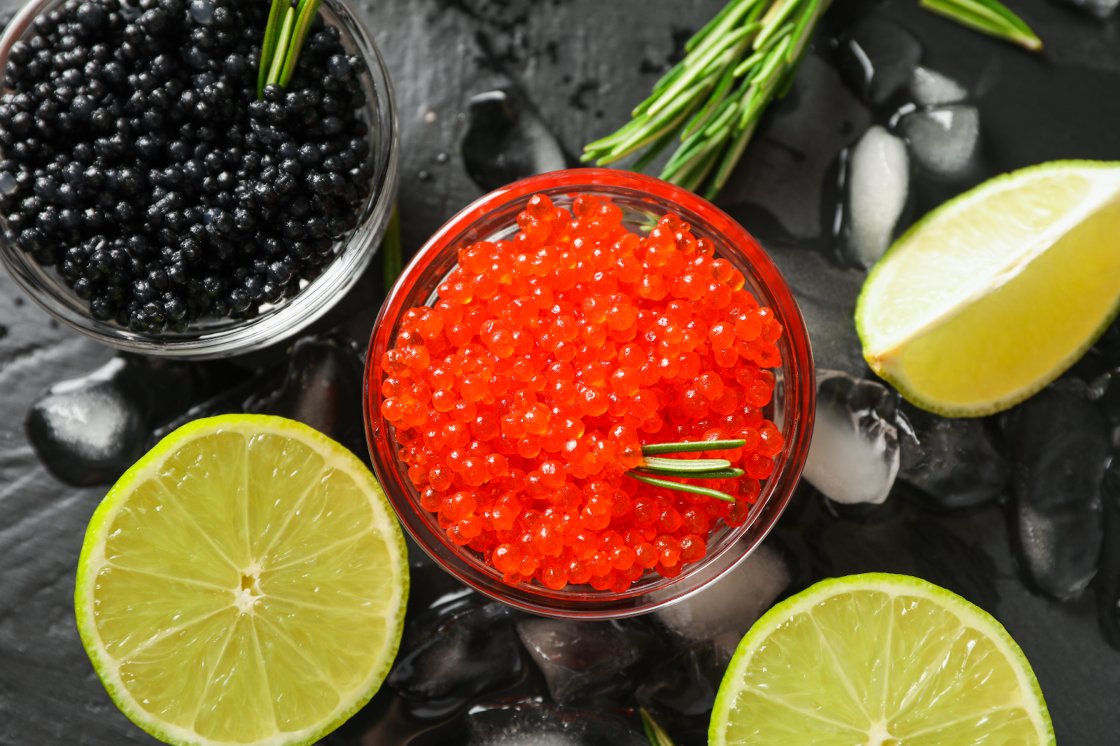Caviar and roe in glass jars