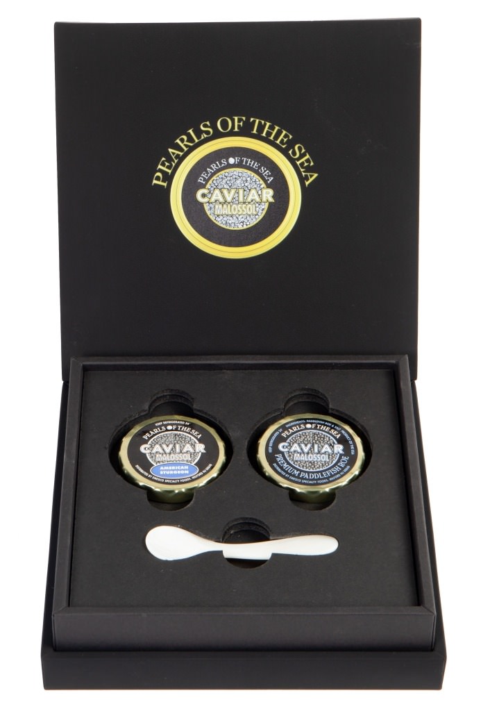 two jars of American caviar and mother of pearl spoon in box