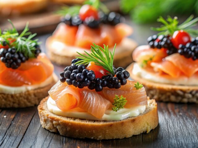 Canapes topped with salmon and caviar