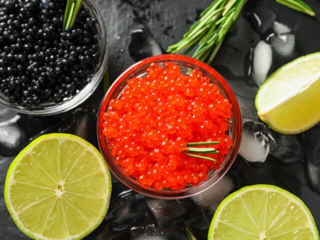 Caviar and roe in glass jars